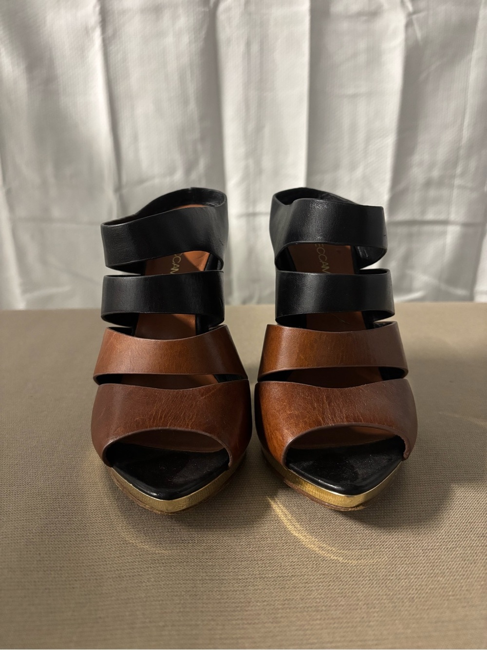 Rebecca Minkoff Brown and Black Leather Strappy Block Heels